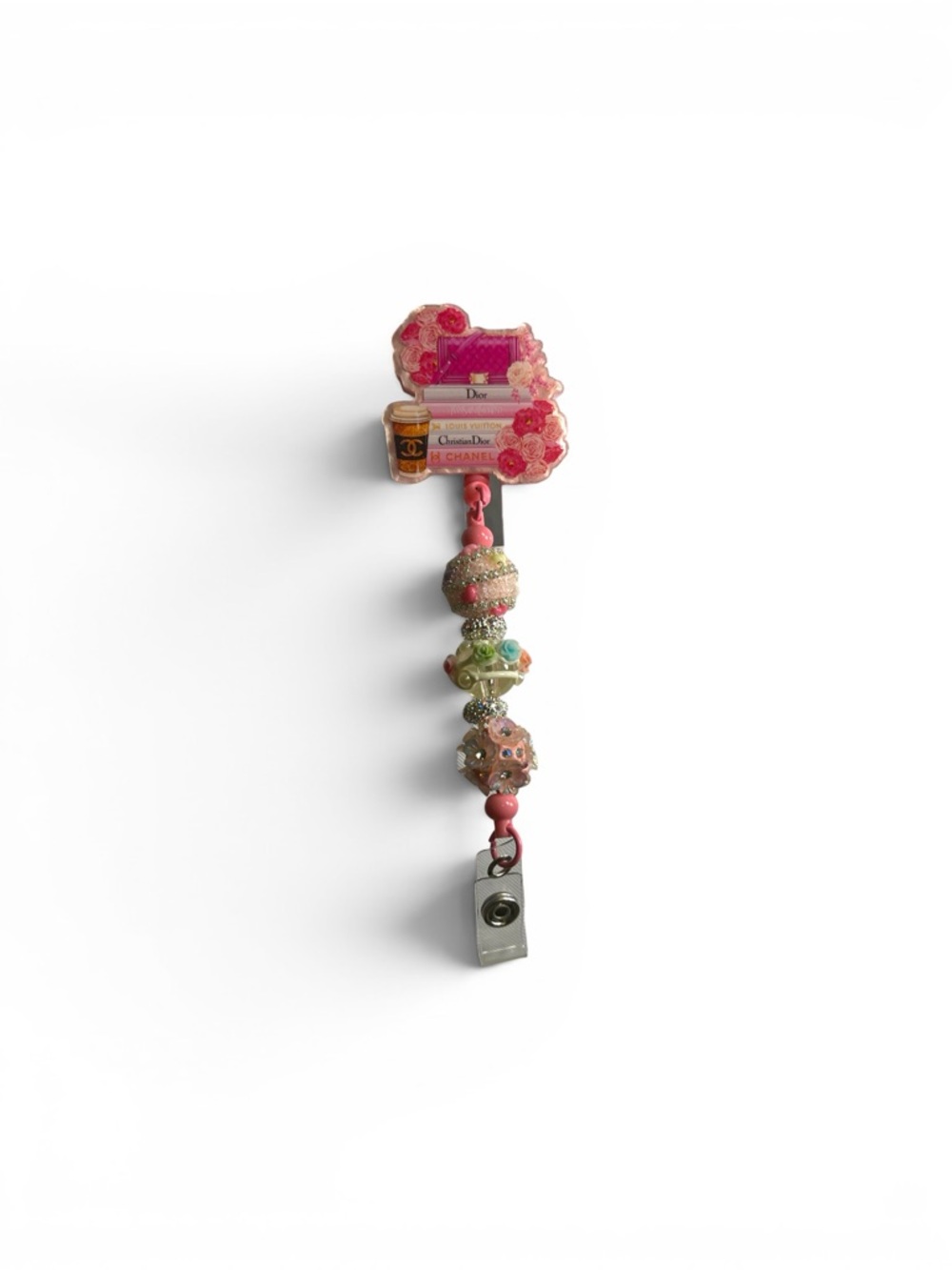 Pink Beaded Designer Logo Badge Reel